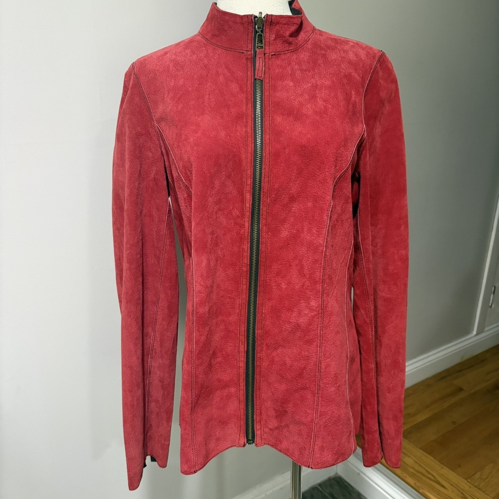 Vtg Red 100% Suede Leather Jacket Womens Medium Full Zip Moto Biker Y2K
